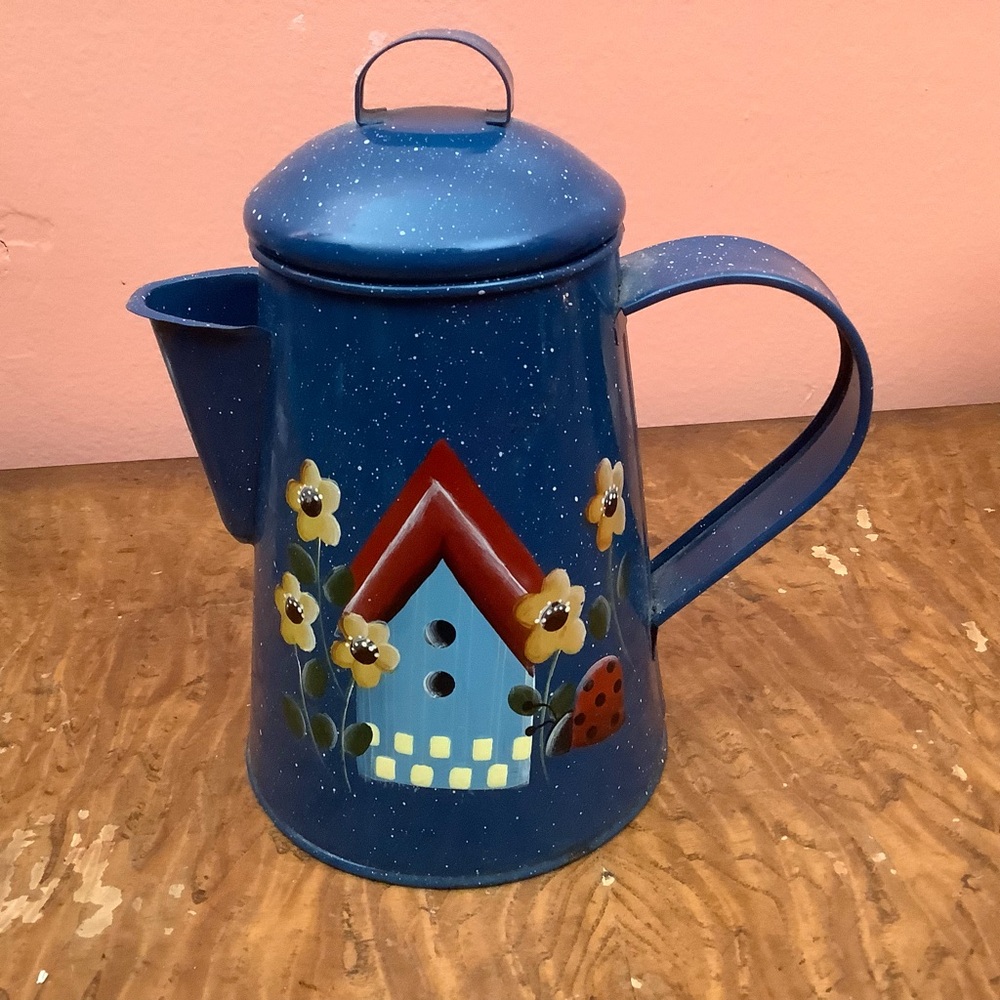 Blue Enamel Coffee Pot Tea light Votive Candle Holder 6 1/2" Tall Ladybug
